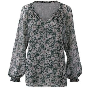 cabi Peasant Blouse, #3765, S, EUC, Forest Green with floral print